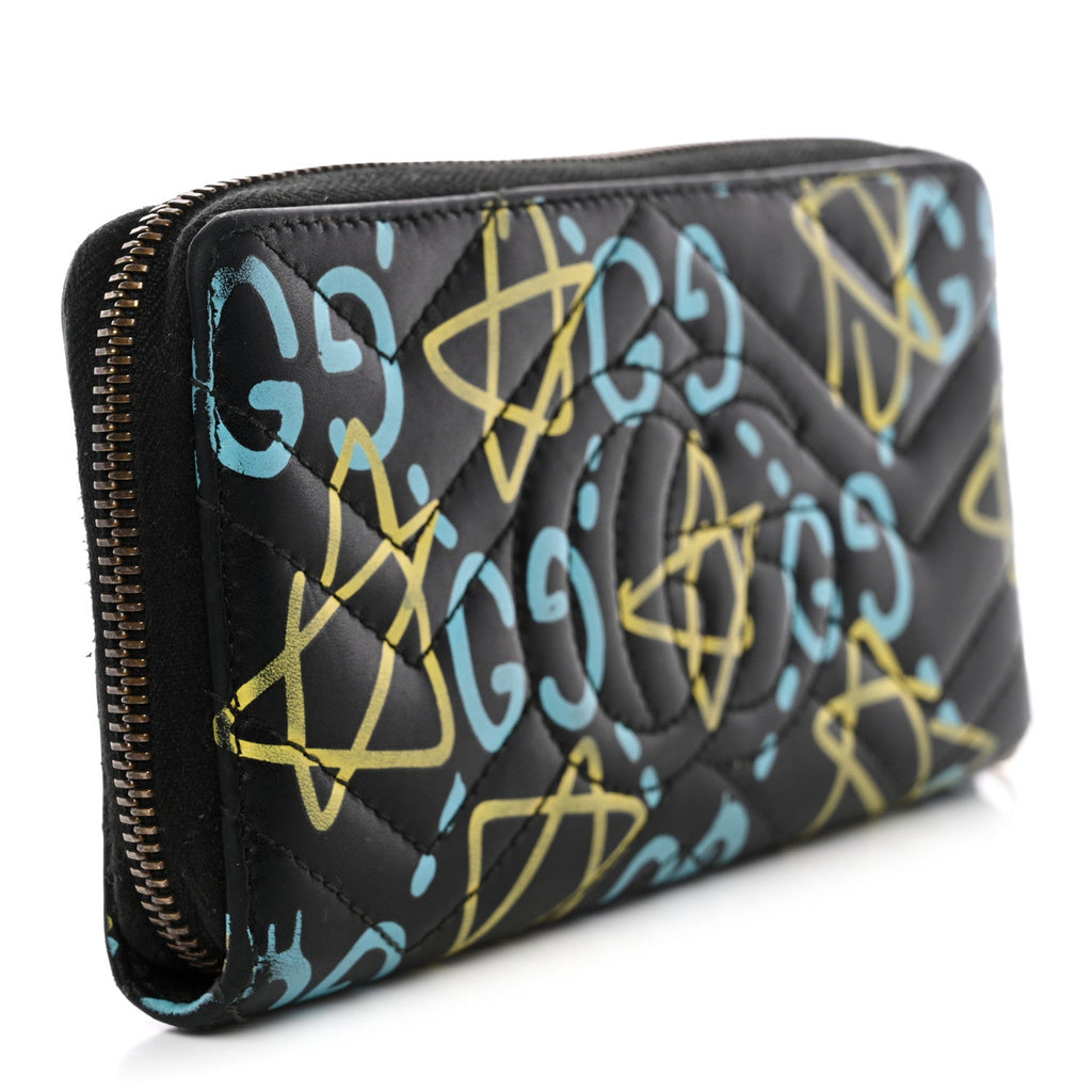 Gucci Calfskin Matelasse GucciGhost GG Marmont Zip Around Wallet Black New Acquamarine