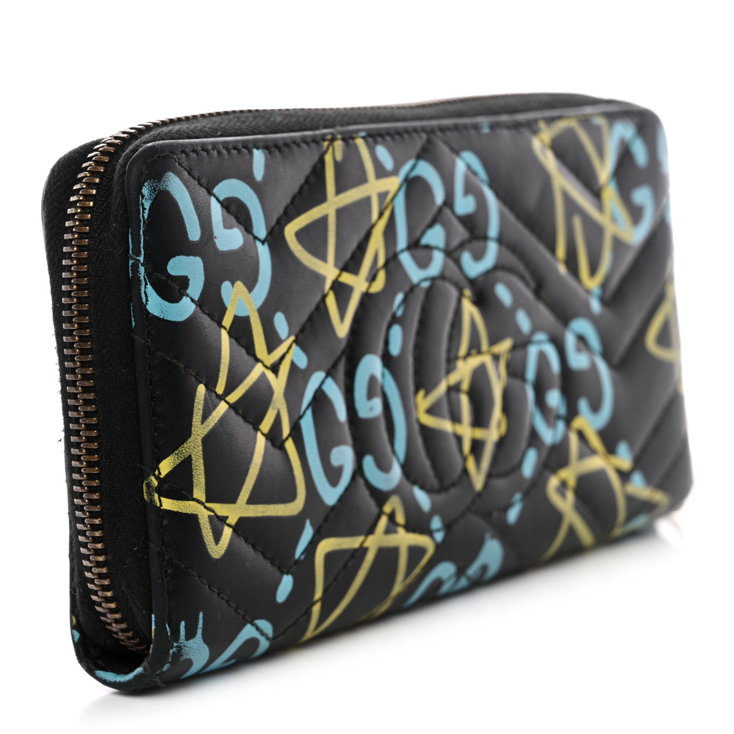 Gucci Calfskin Matelasse GucciGhost GG Marmont Zip Around Wallet Black New Acquamarine