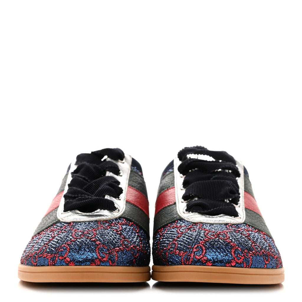 Gucci Lurex Calfskin Web GG Monogram Womens Falacer Sneakers 35.5 Iridescent Blue Iridescent Red Silver