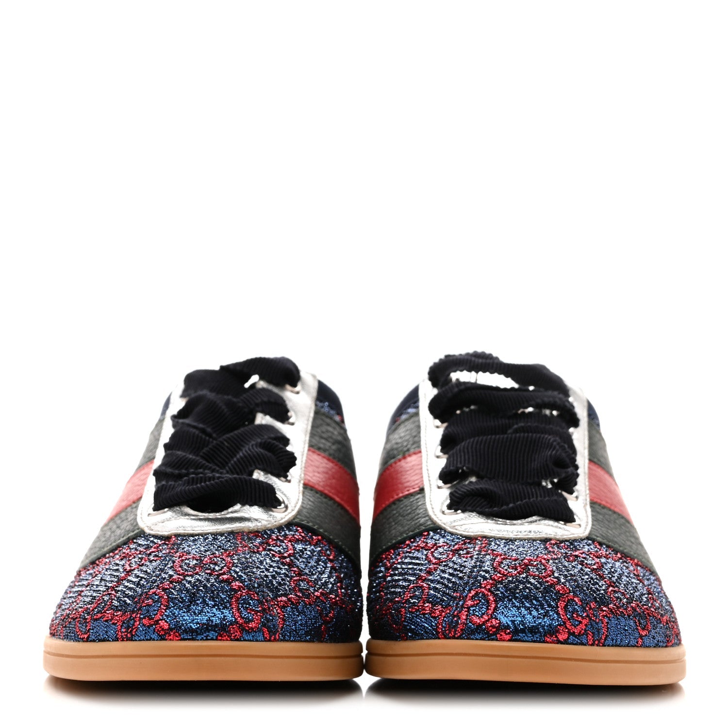 Gucci Lurex Calfskin Web GG Monogram Womens Falacer Sneakers 35.5 Iridescent Blue Iridescent Red Silver