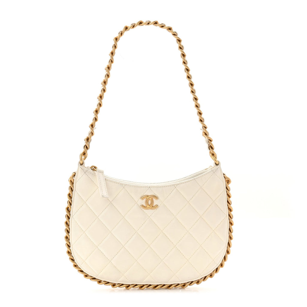 Chanel Shiny Crumpled Lambskin Quilted Trendy Chain Around Hobo White