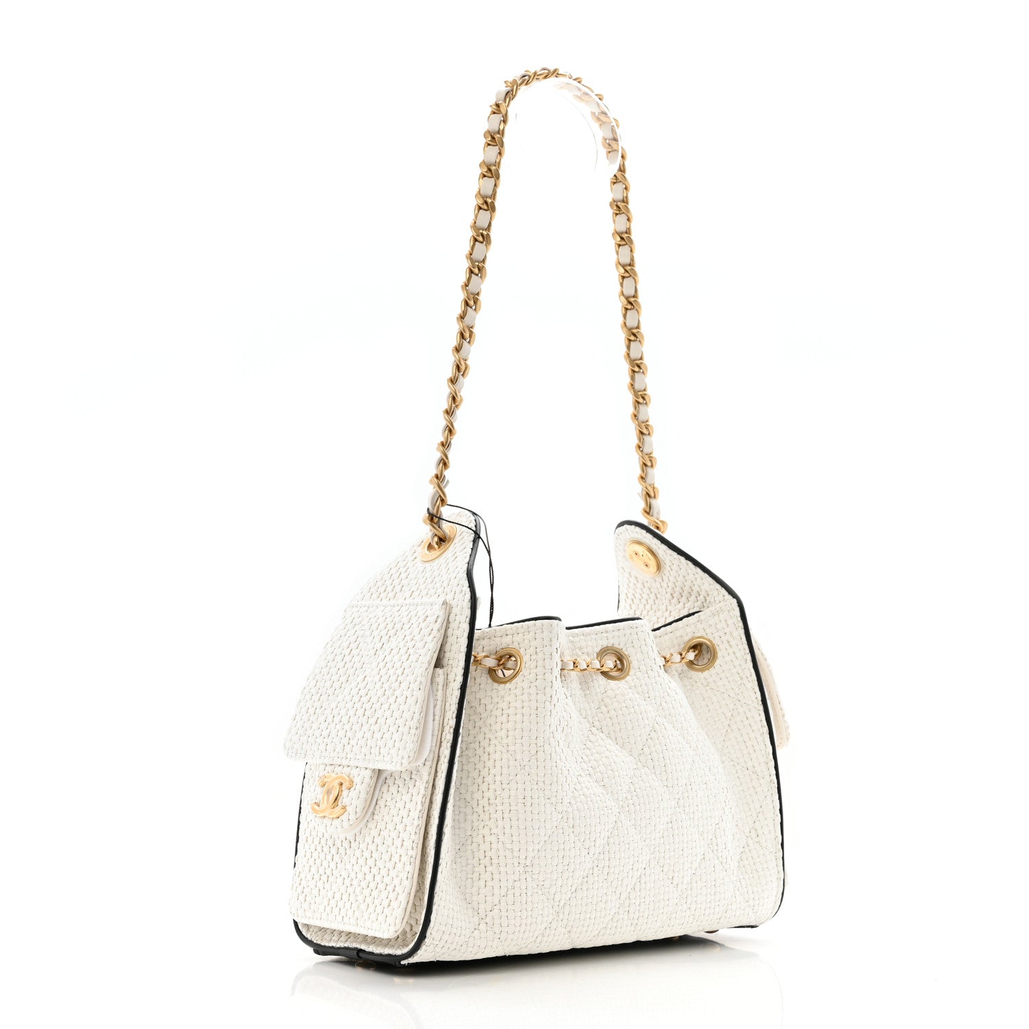 Chanel Braided Raffia Calfskin Mini Chanel 25 Handbag White Black