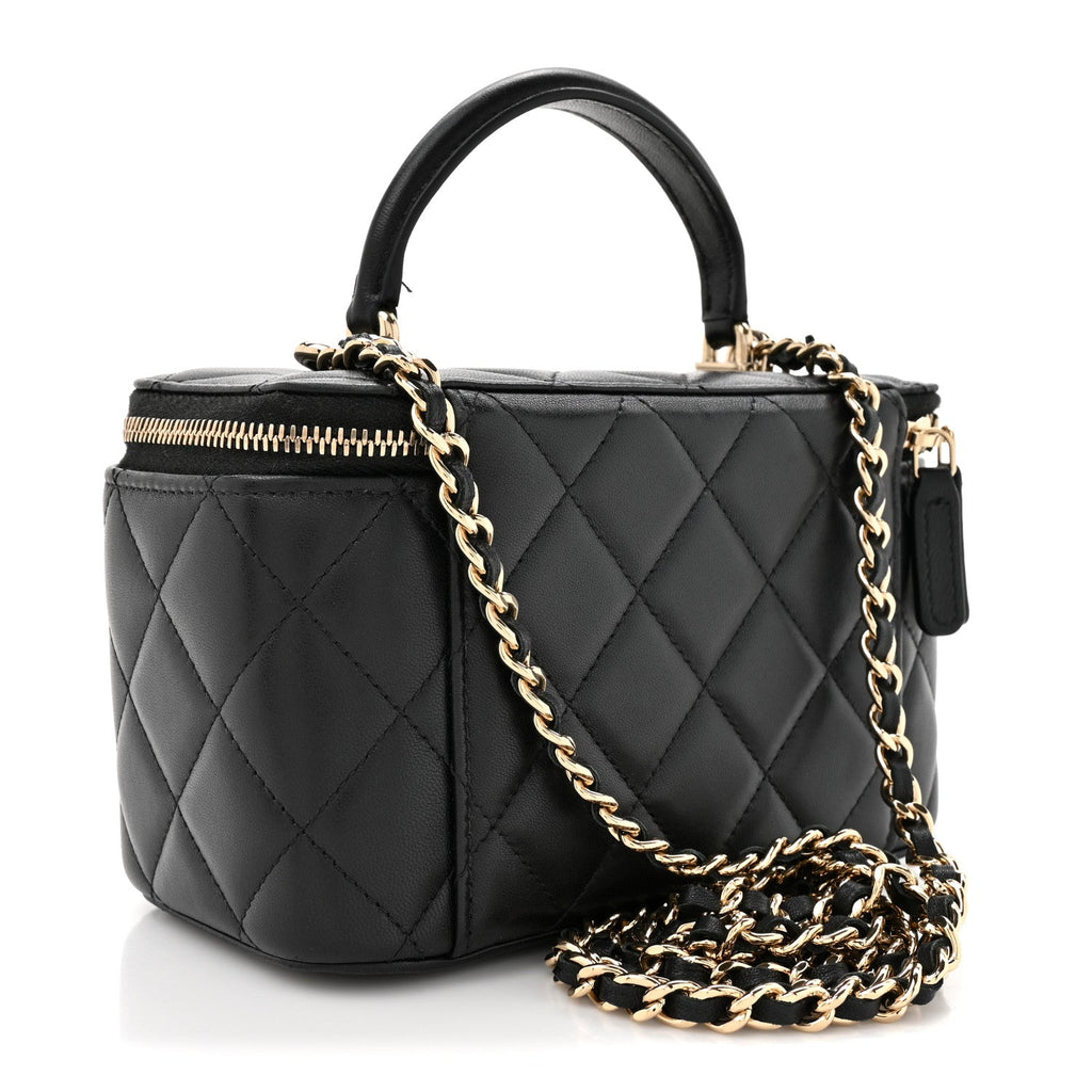 Chanel Lambskin Quilted Small Top Handle Vanity Case With Chain Black
