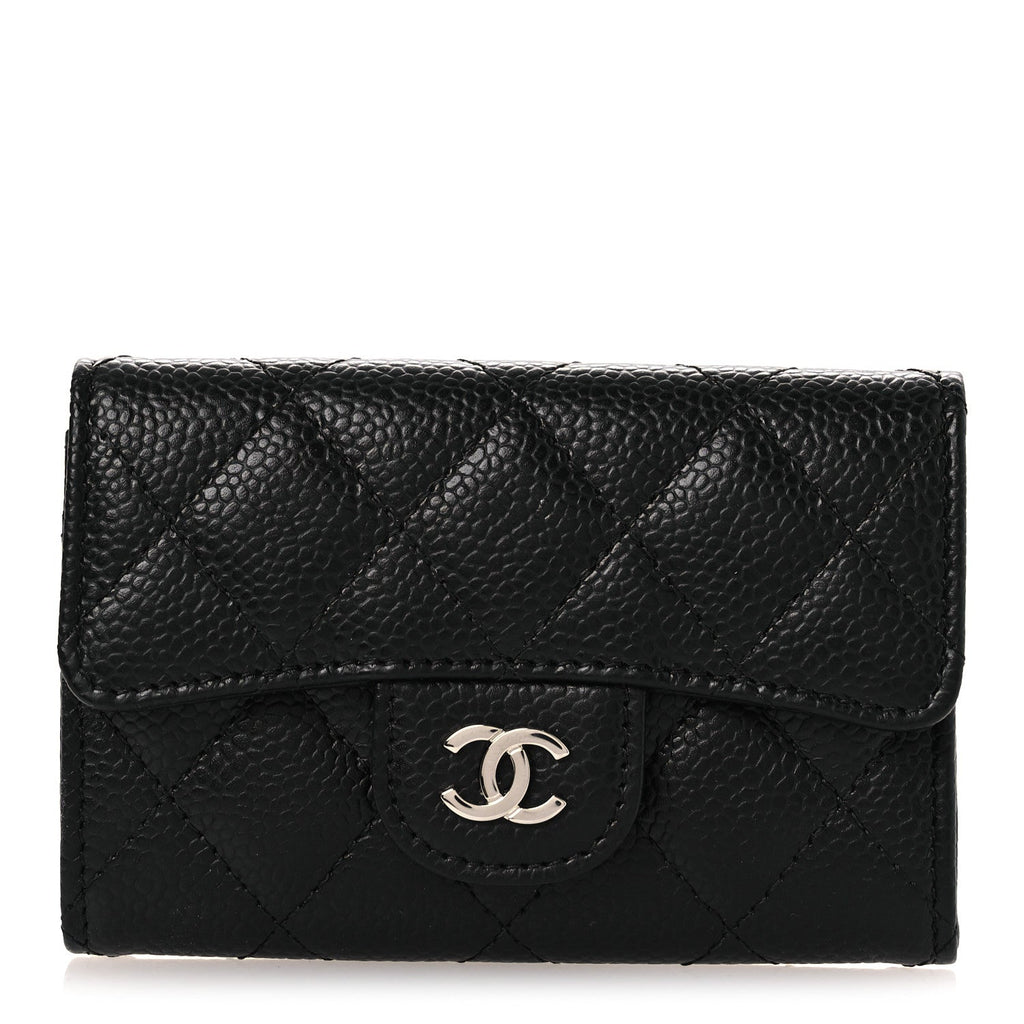 Caviar Quilted Flap Card Holder Wallet Black