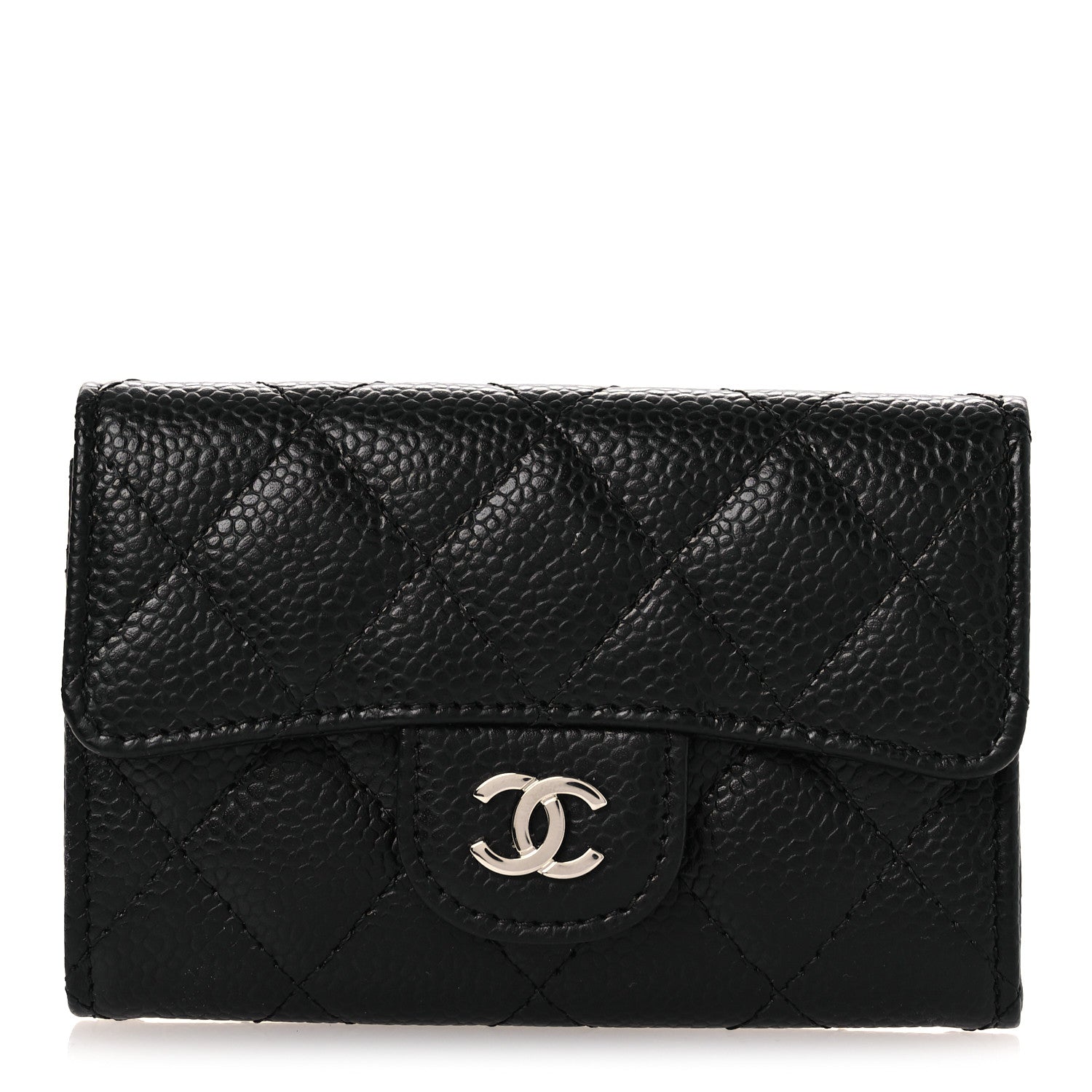Caviar Quilted Flap Card Holder Wallet Black