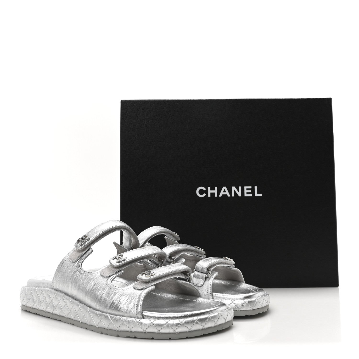 Laminated Lambskin Quilted Velcro Crystal CC Dad Slide Sandals 40 Silver