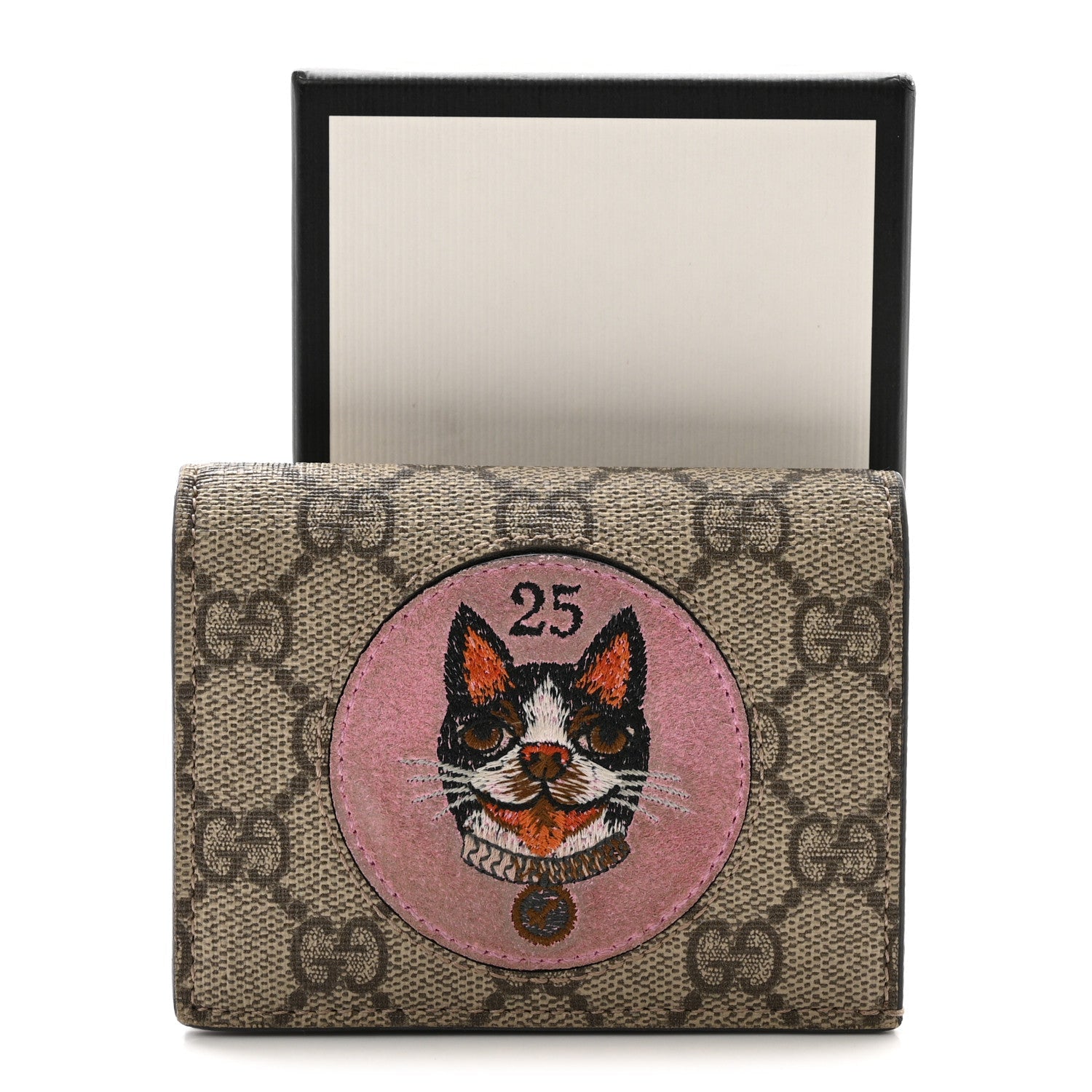 Gucci GG Supreme Monogram Bosco Patch Card Case Wallet Beige Malva Hibiscus Red