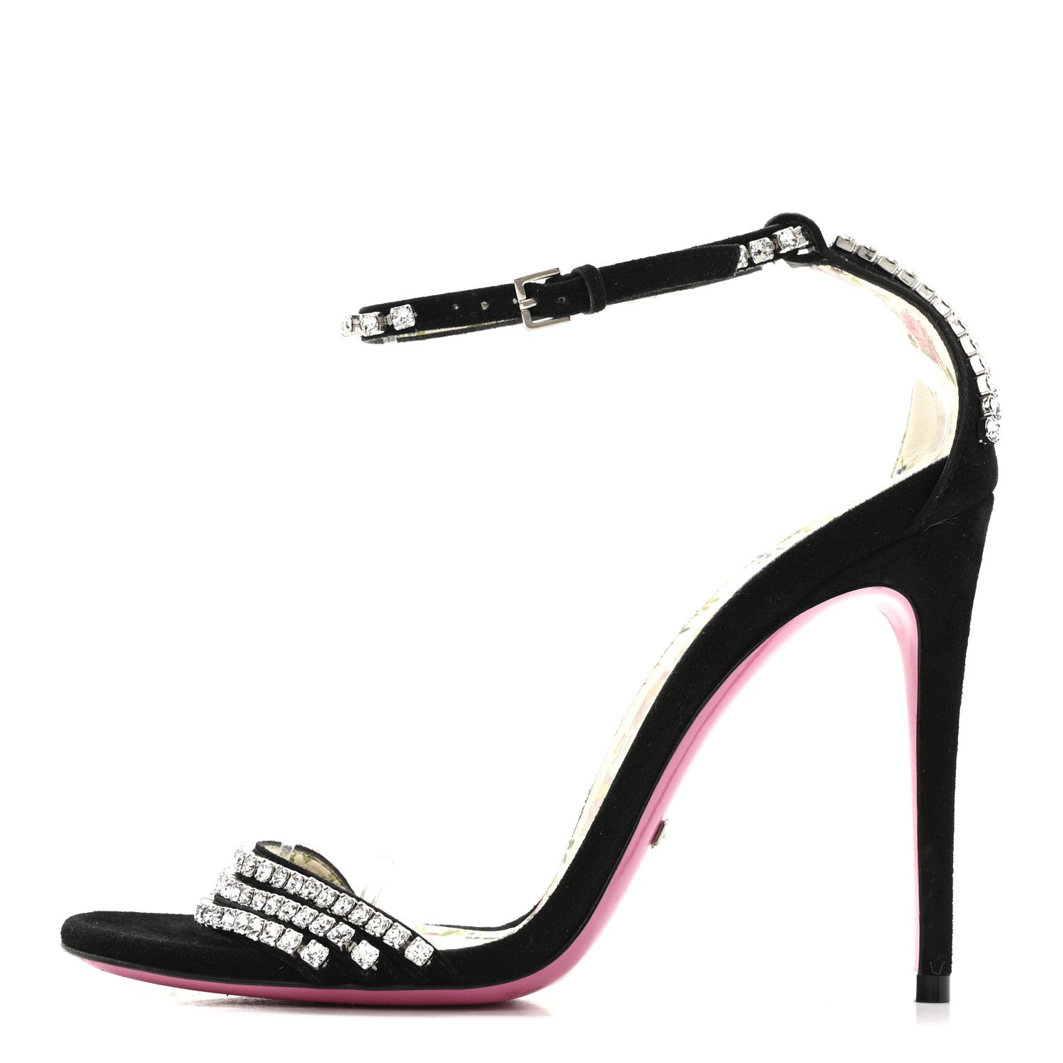 Gucci Kid Scamosciato Crystal Ankle Strap High Heel Sandals 36.5 Black