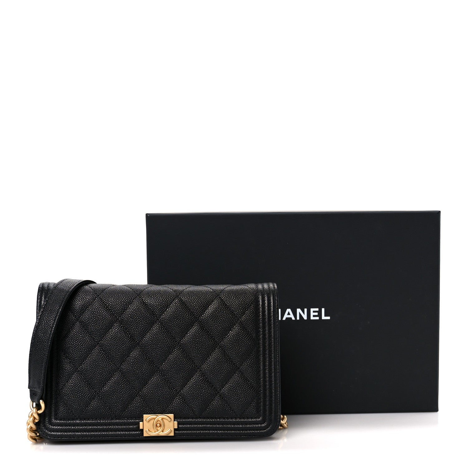 Chanel Caviar Quilted Boy Wallet On Chain WOC Black