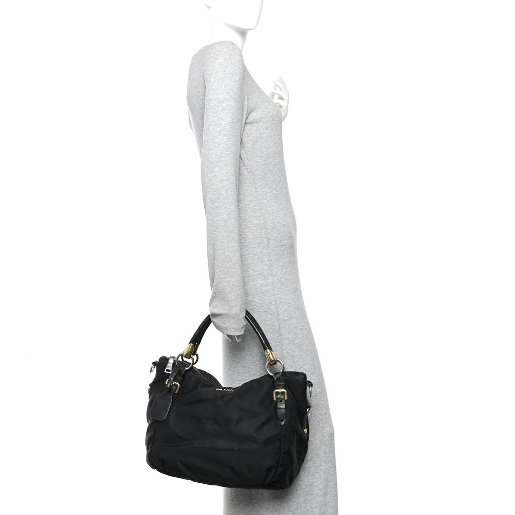 Prada Tessuto Nylon Vitello Daino Shopping Satchel Black