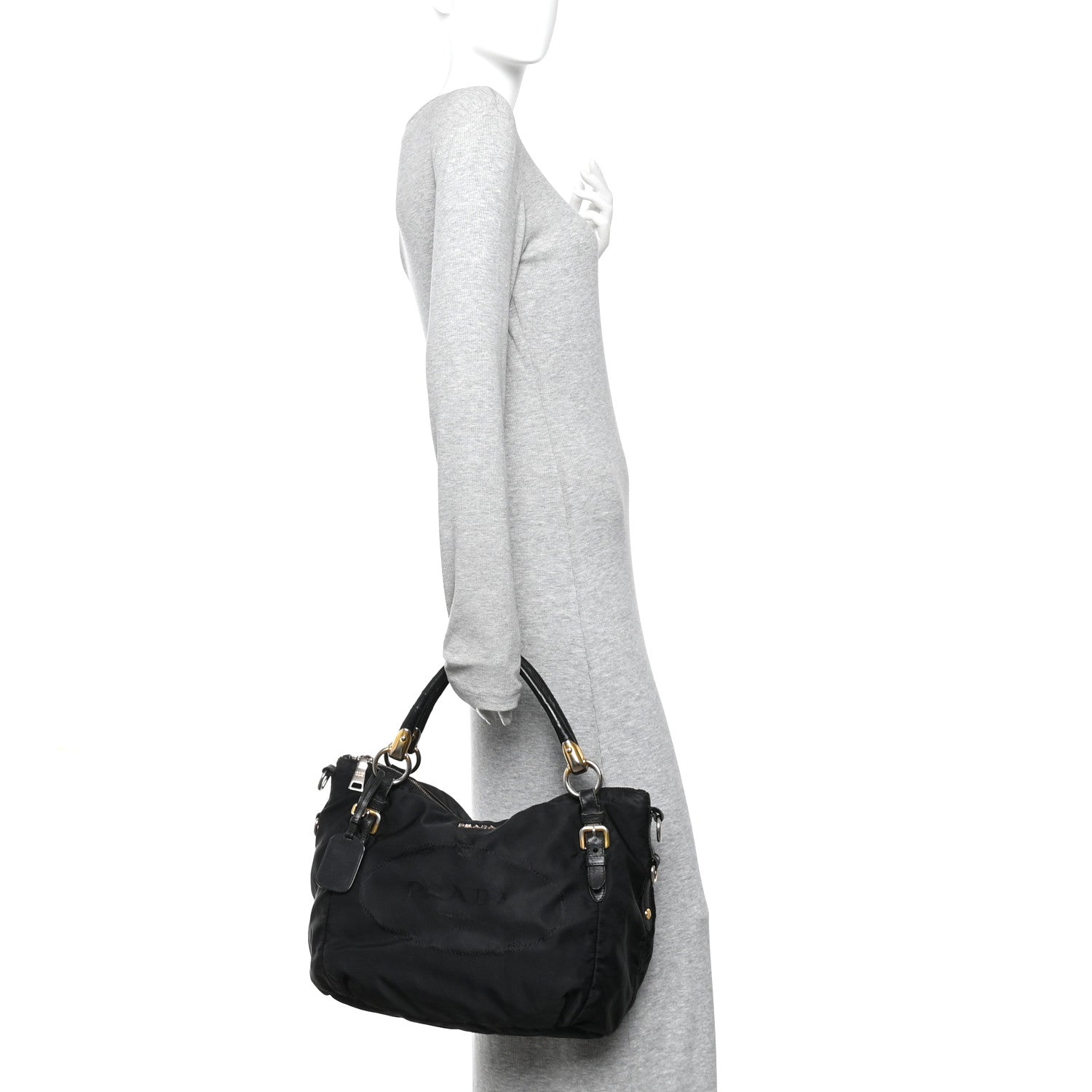 Prada Tessuto Nylon Vitello Daino Shopping Satchel Black