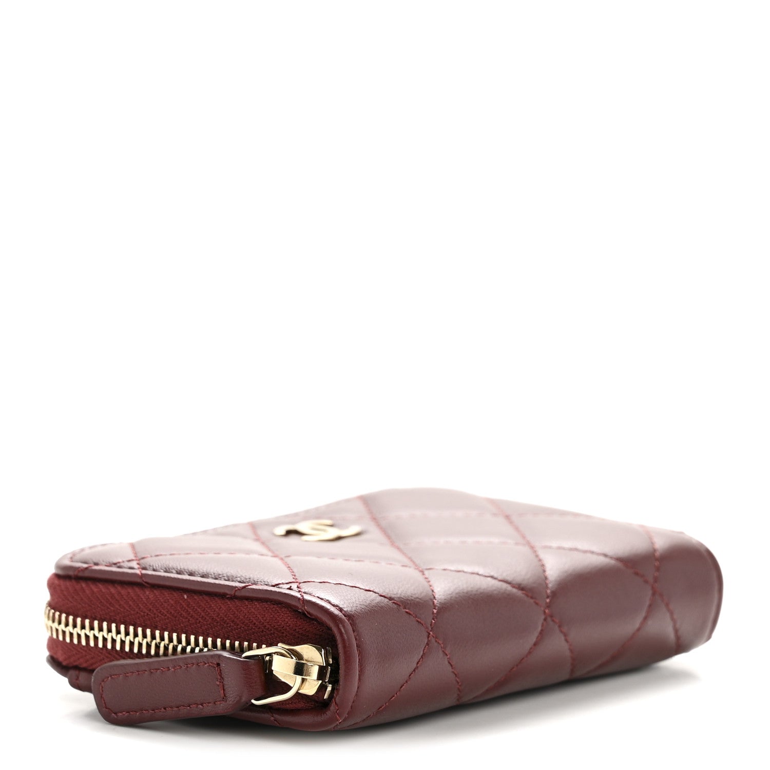 Lambskin Quilted Zip Around Coin Purse Wallet Burgundy