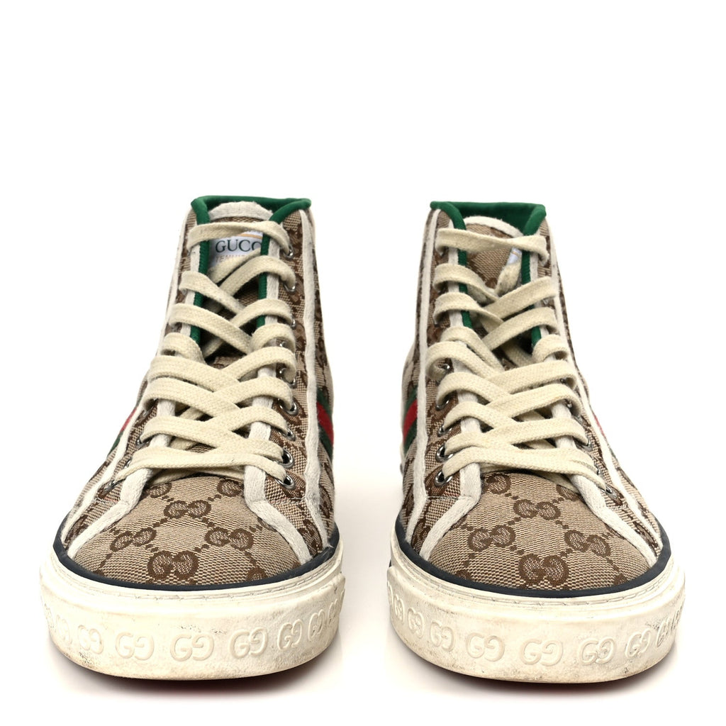 Gucci GG Monogram Web Mens 1977 Tennis High Top Sneakers 6.5 Beige Ebony Mystic White