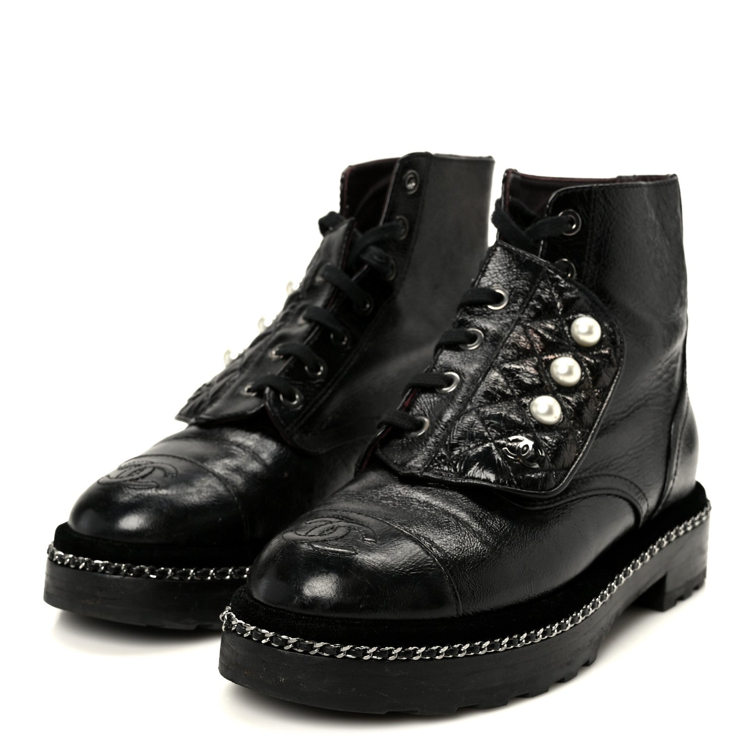 Crackled Calfskin Velvet Pearl Combat Short Boots 36 Black