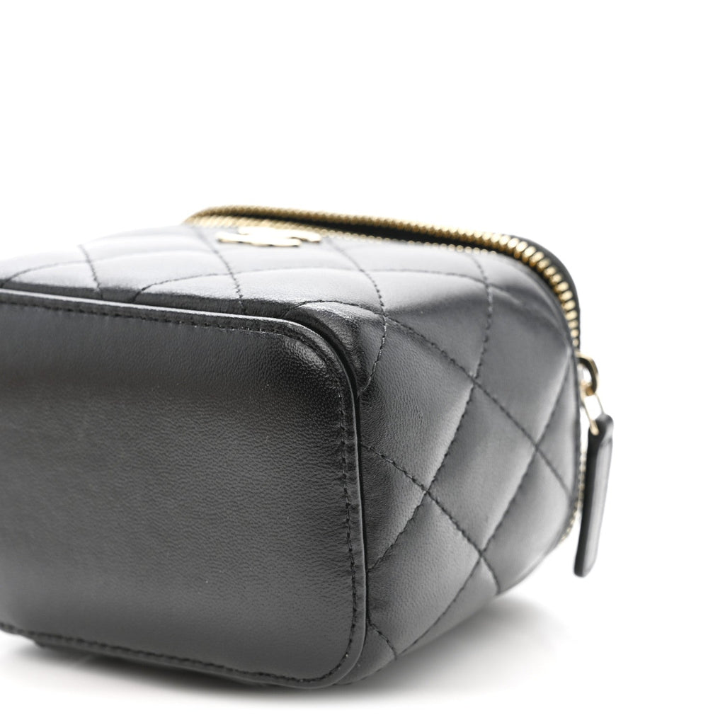 Chanel Lambskin Quilted Mini Camellia Bow Vanity Case With Chain Black