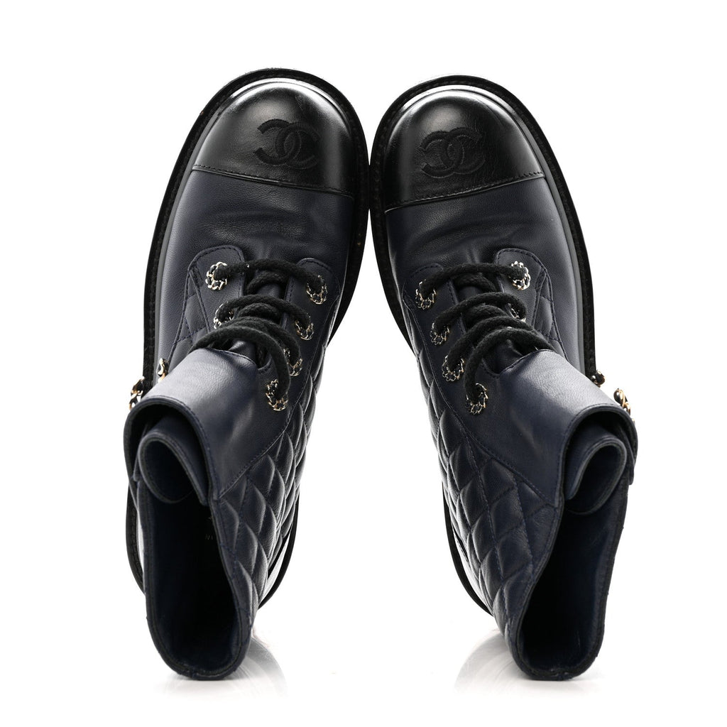 Chanel Shiny Lambskin Quilted Lace Up Combat Boots 36.5 Navy Black