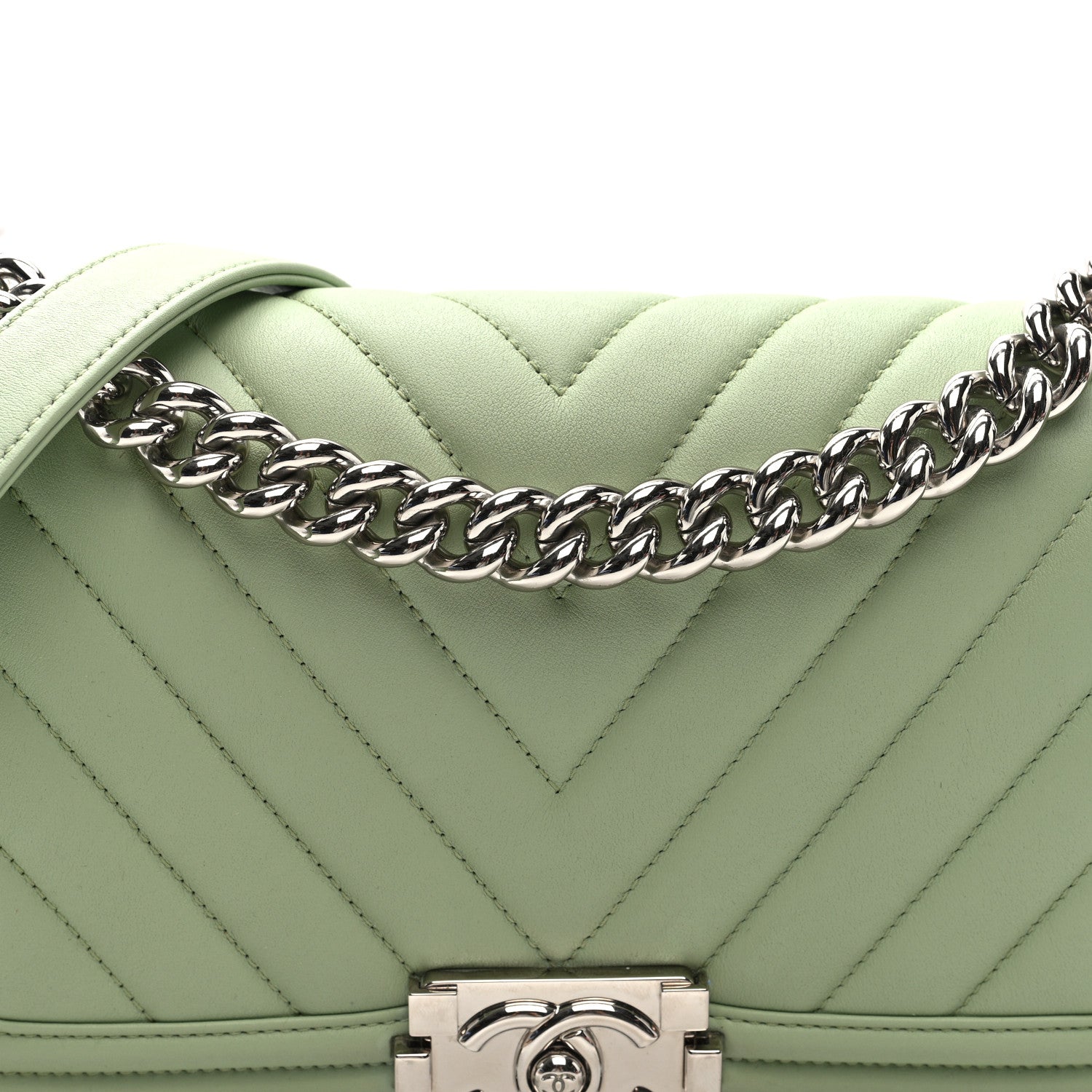 Chanel Calfskin Chevron Quilted Medium Boy Flap Light Green
