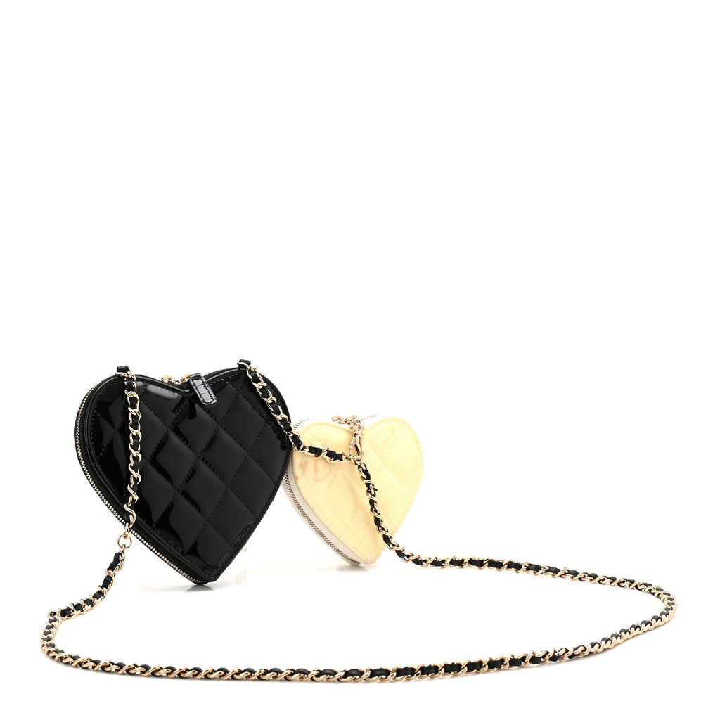 Chanel Patent Calfskin Resin Quilted CC Heart Clutch With Chain  Black