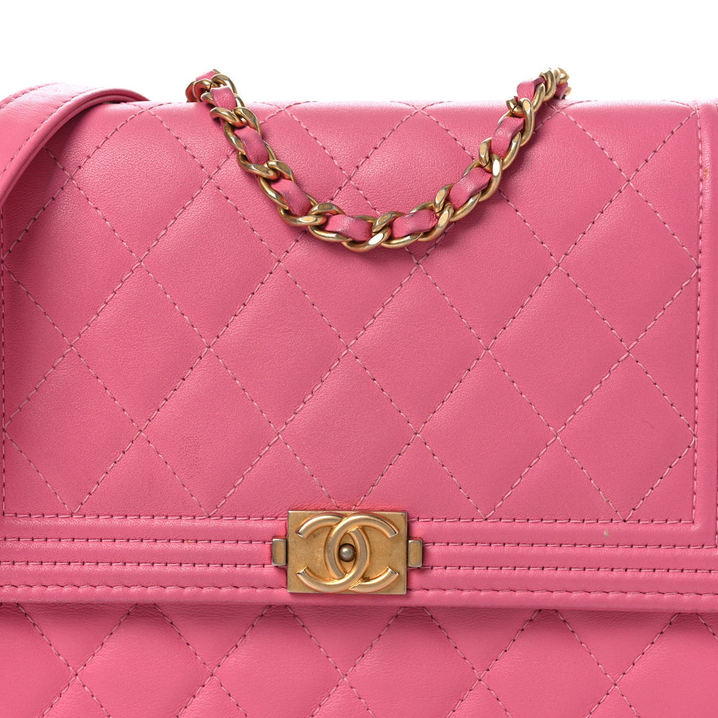 Chanel Lambskin Quilted Boy Square Wallet on Chain WOC Pink
