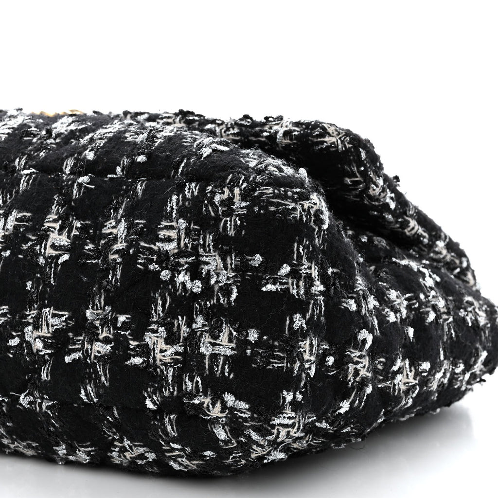 Chanel Tweed Quilted Maxi Chanel 19 Flap Black Silver Ecru