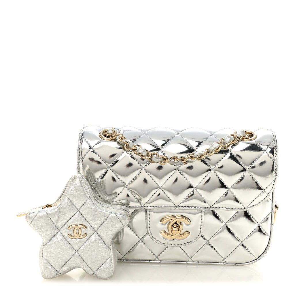 Chanel Mirror Calfskin Metallic Calfskin Quilted Hollywood Boulevard Mini Flap With Star Coin Purse Silver
