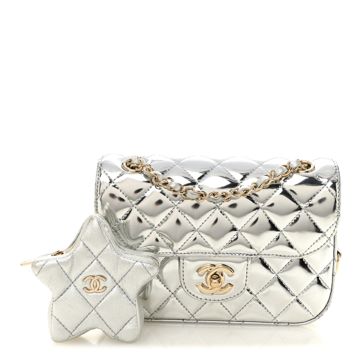 Chanel Mirror Calfskin Metallic Calfskin Quilted Hollywood Boulevard Mini Flap With Star Coin Purse Silver