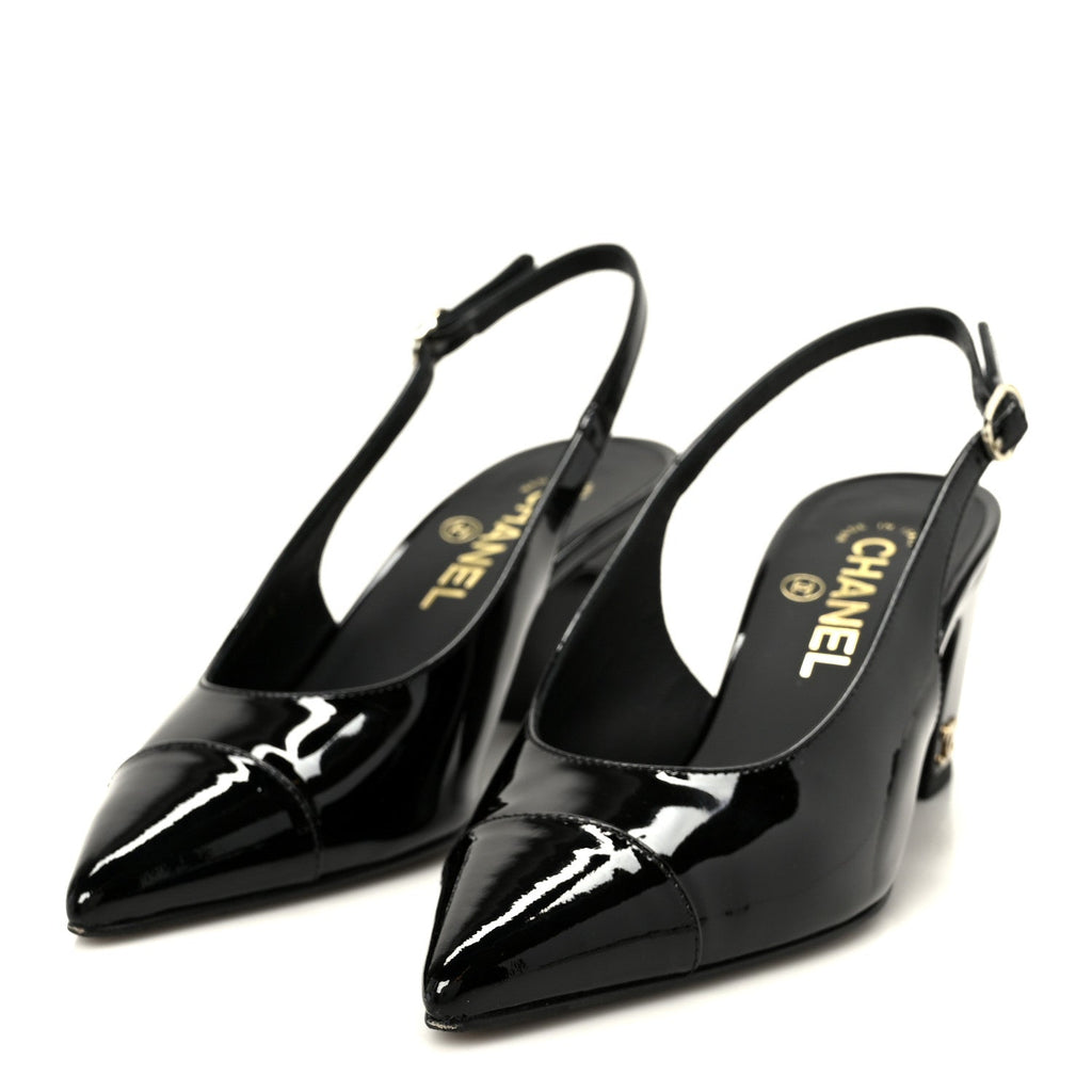 Patent Calfskin Cap Toe CC Slingback Pumps 36 Black