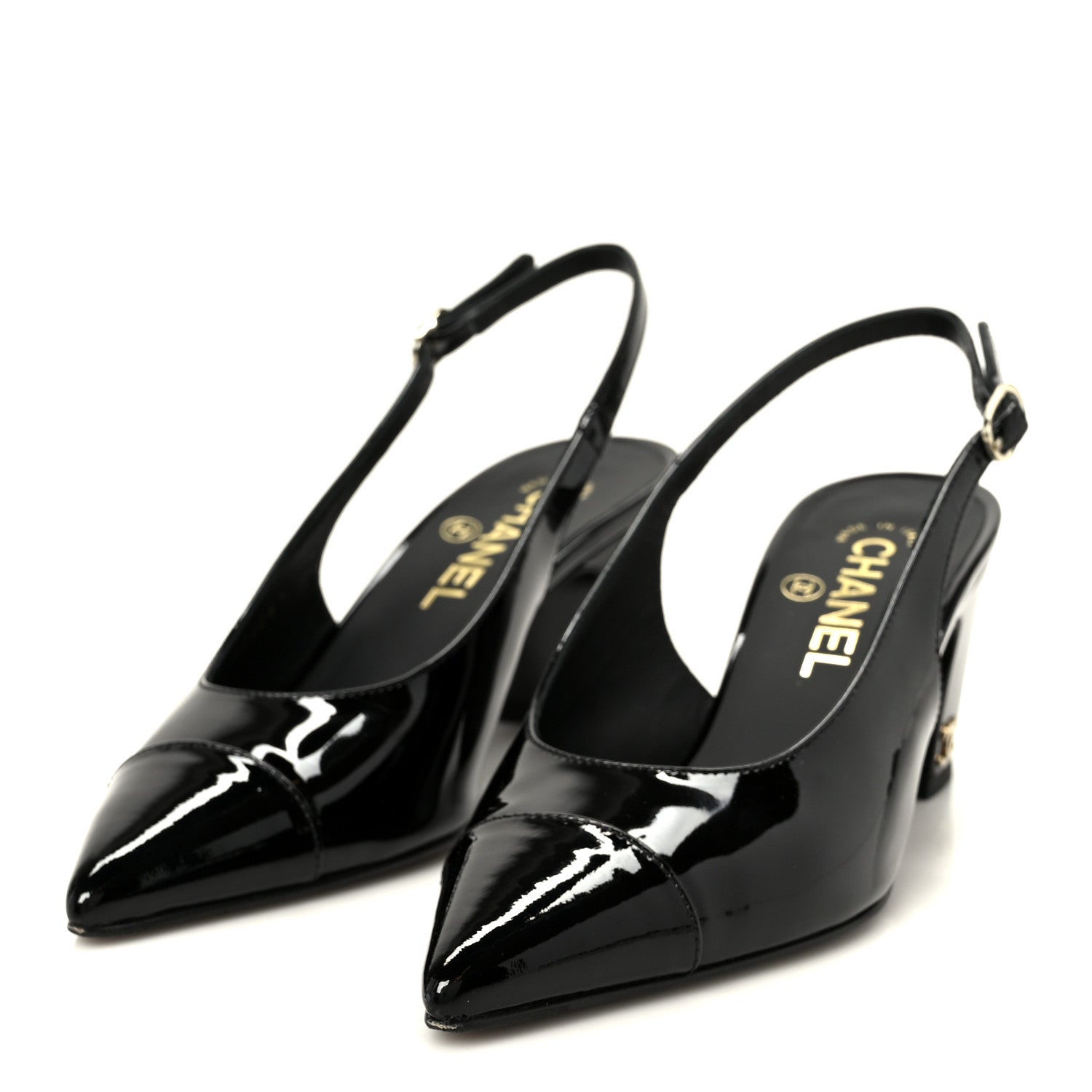 Patent Calfskin Cap Toe CC Slingback Pumps 36 Black