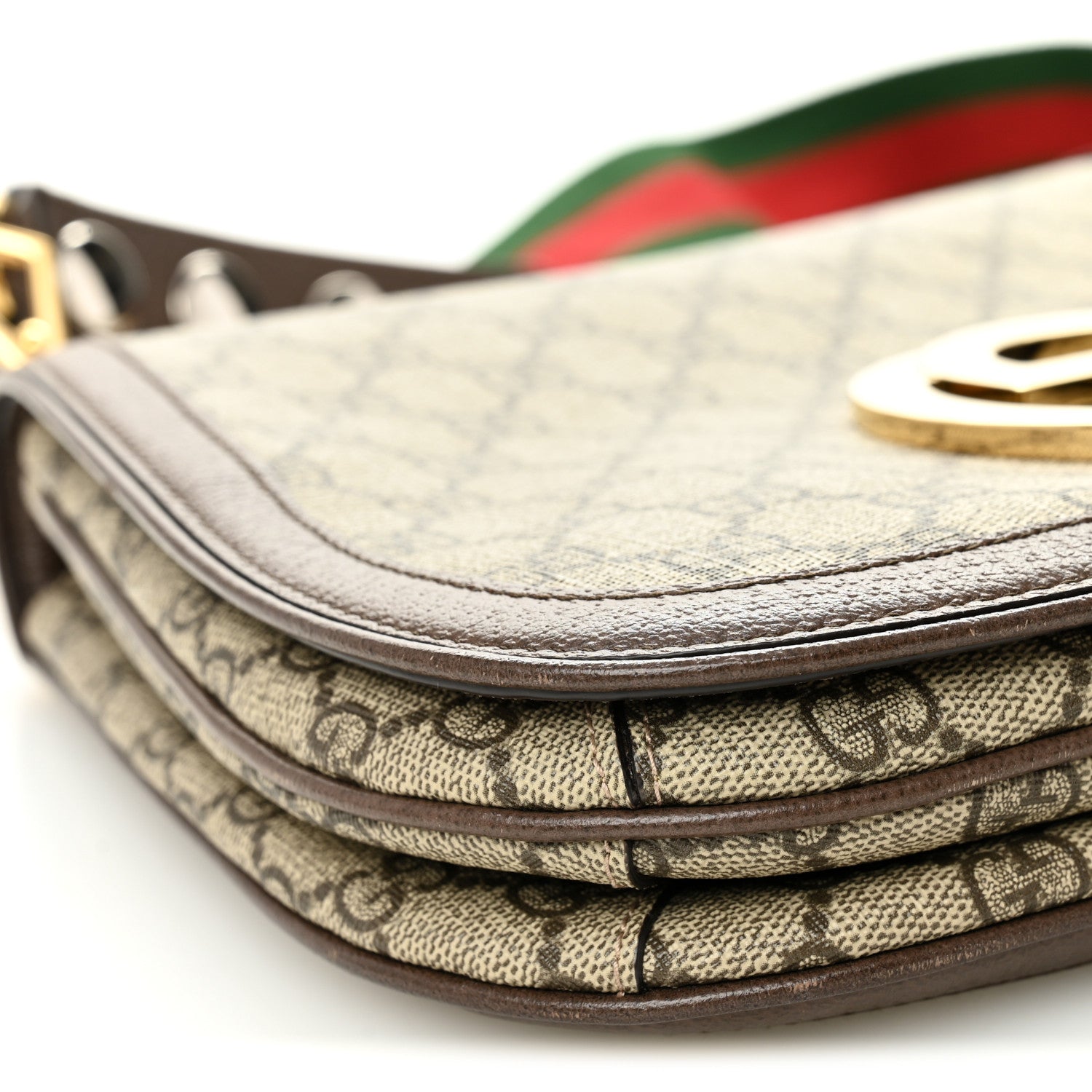 Gucci GG Supreme Monogram Textured Dollar Calfskin Web Medium Blondie Top Handle Shoulder Flap Bag Beige Ebony New Acero