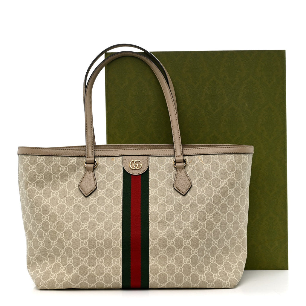 Gucci GG Supreme Monogram Textured Dollar Calfskin Web Medium Ophidia Shopping Tote Beige Mystic White Oatmeal