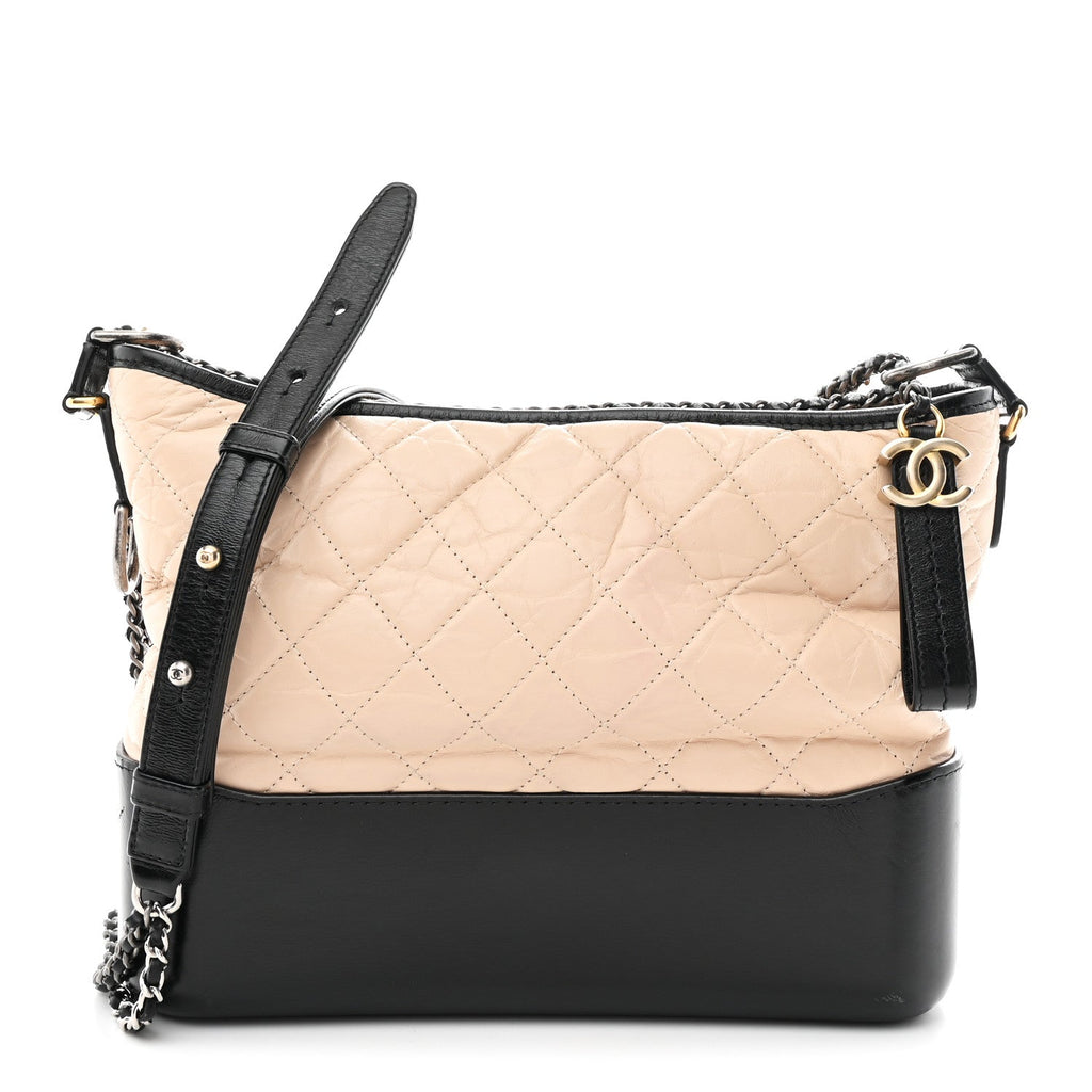 Chanel Aged Calfskin Quilted Medium Gabrielle Hobo Beige Black