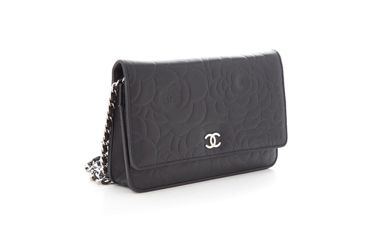 Chanel Black Calfskin Camellia Embossed Leather Cross-Body