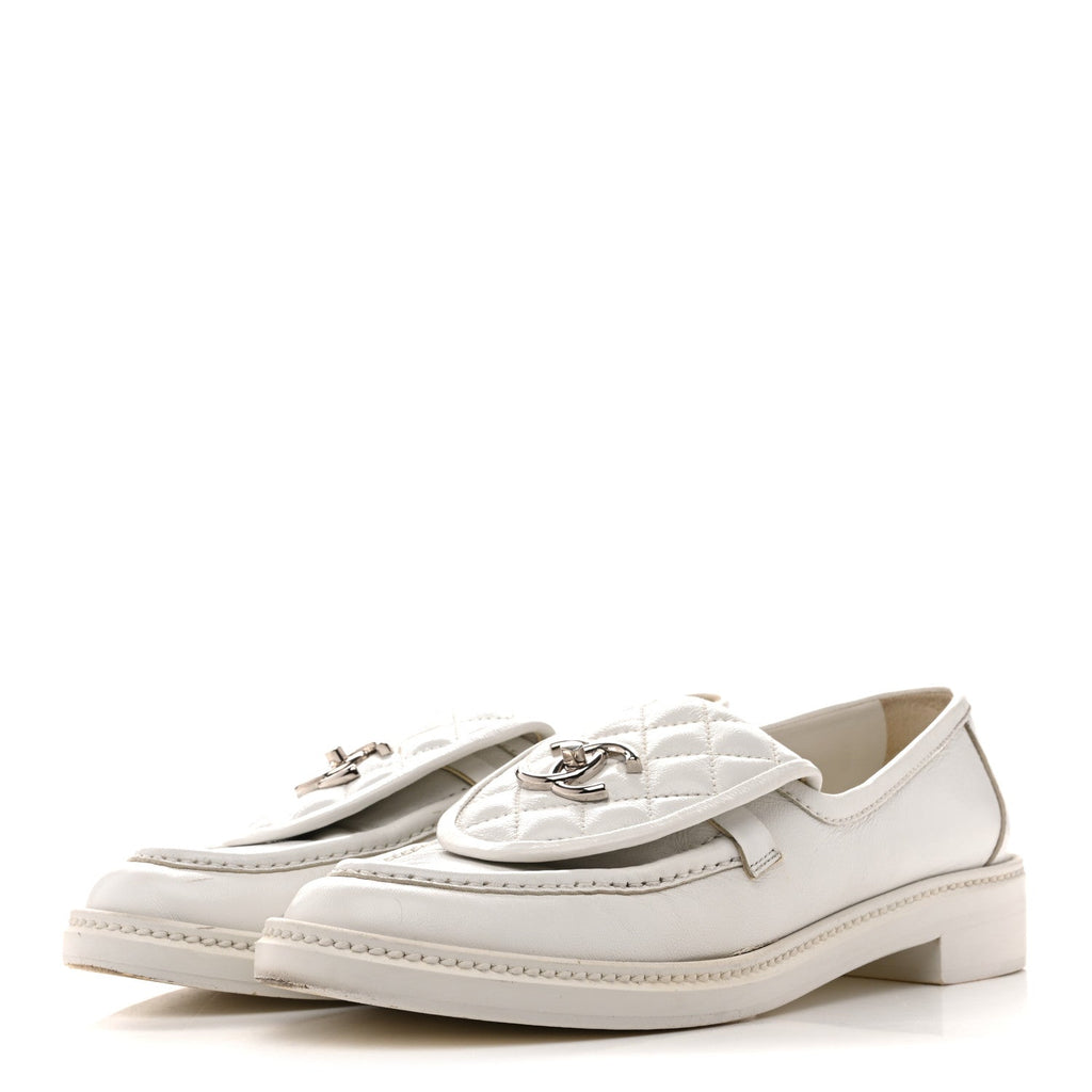 Chanel Shiny Lambskin Quilted CC Turnlock Loafers 40 White