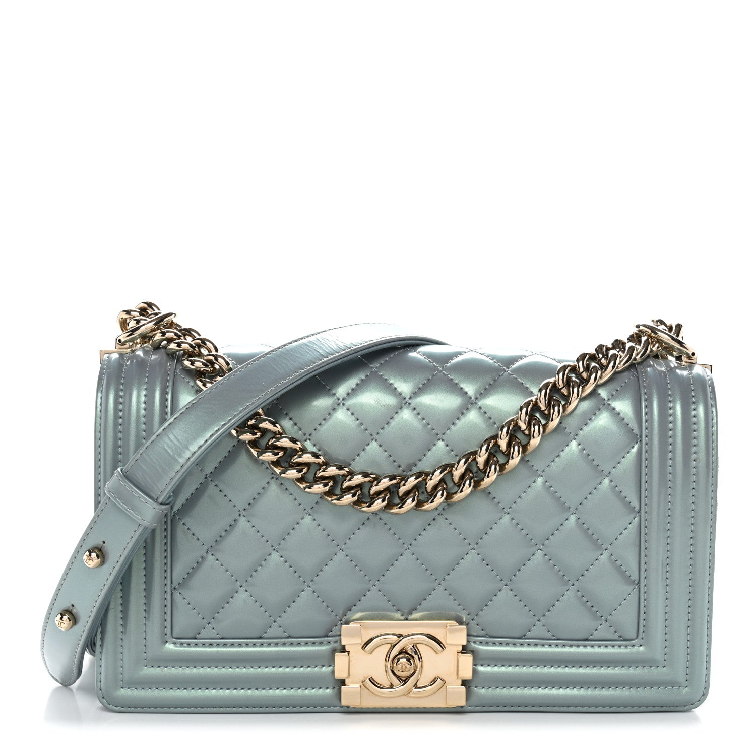 Chanel Iridescent Patent Calfskin Quilted Medium Boy Flap Light Blue
