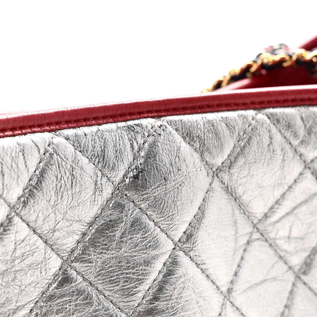 Chanel Metallic Aged Calfskin Quilted Medium Gabrielle Hobo Silver Navy Red