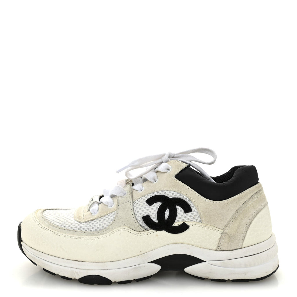 Mesh Suede Grained Calfskin Womens CC Sneakers 37 White Black