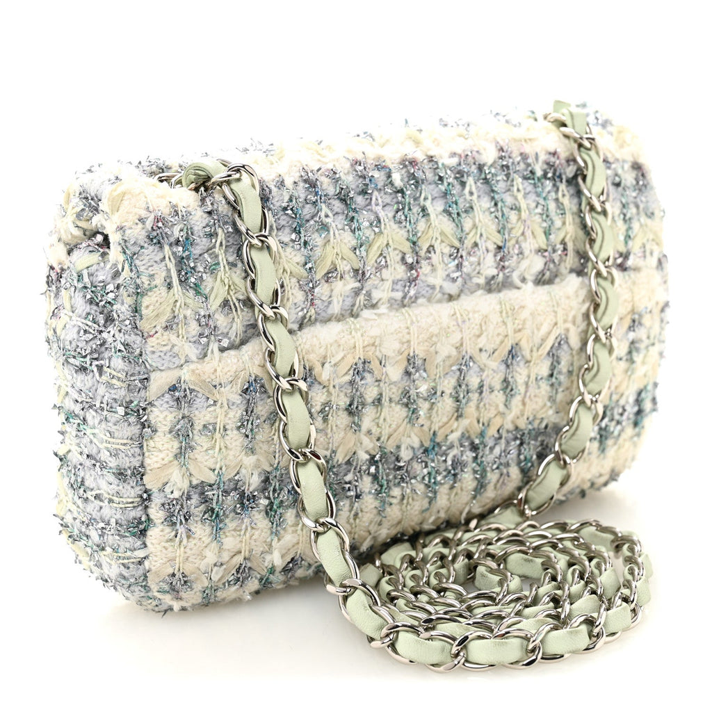 Chanel Tweed Quilted Mini Rectangular Flap Light Green Silver White
