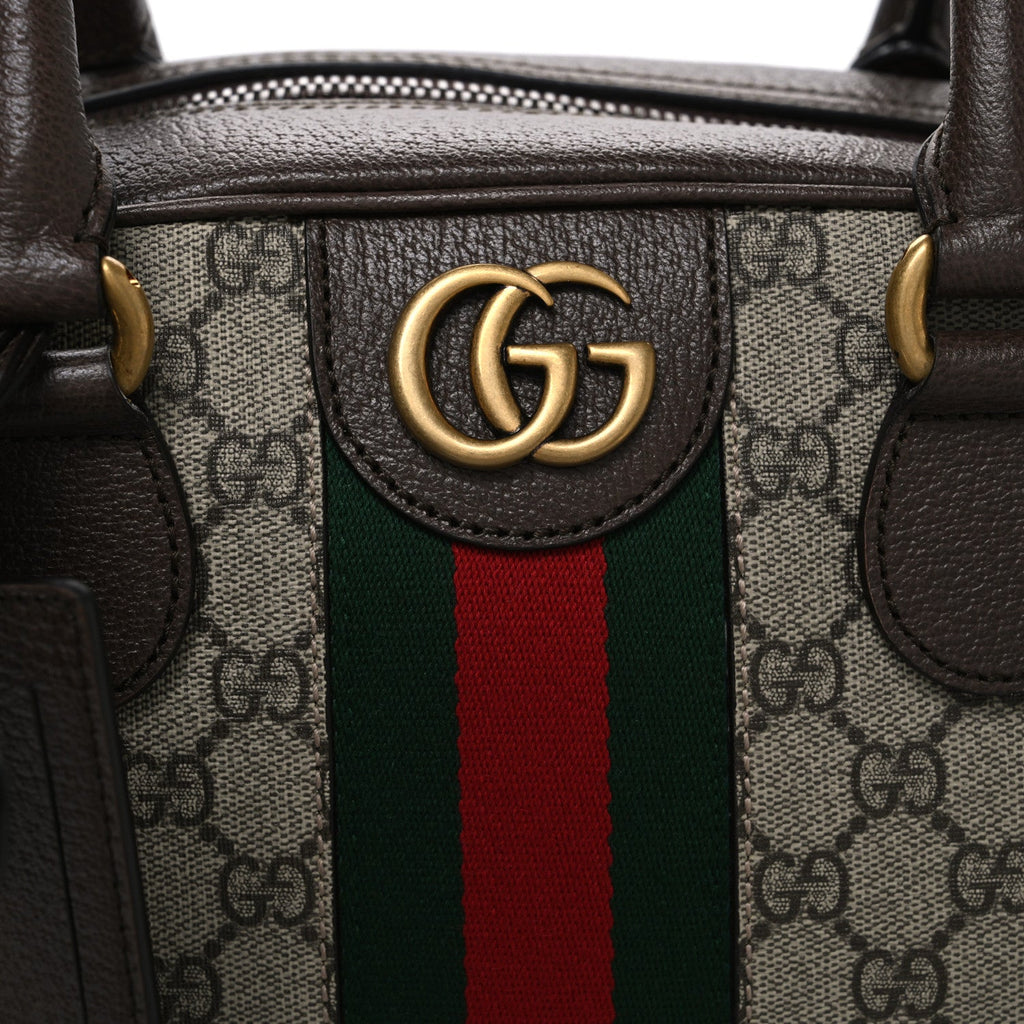 Gucci GG Supreme Monogram Textured Dollar Calfskin Web Medium Savoy Bowling Bag Beige Ebony New Acero