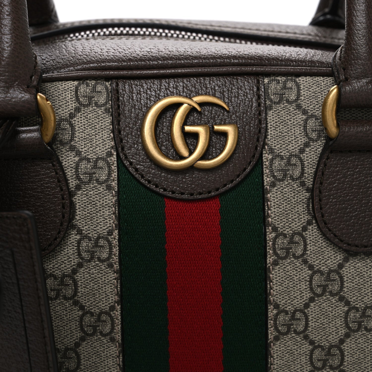 Gucci GG Supreme Monogram Textured Dollar Calfskin Web Medium Savoy Bowling Bag Beige Ebony New Acero