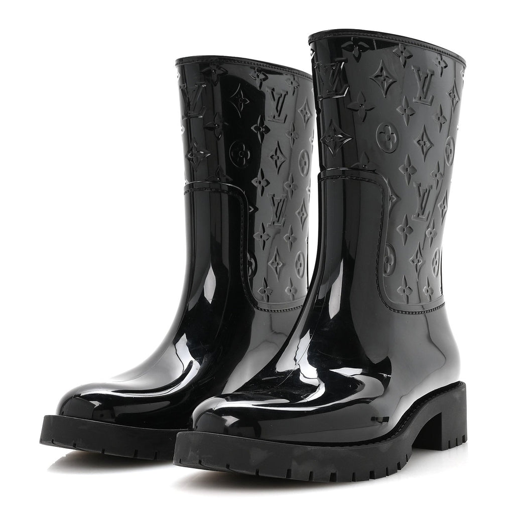 Louis Vuitton Rubber Embossed Monogram Splash Rain Short Boots 39 Black