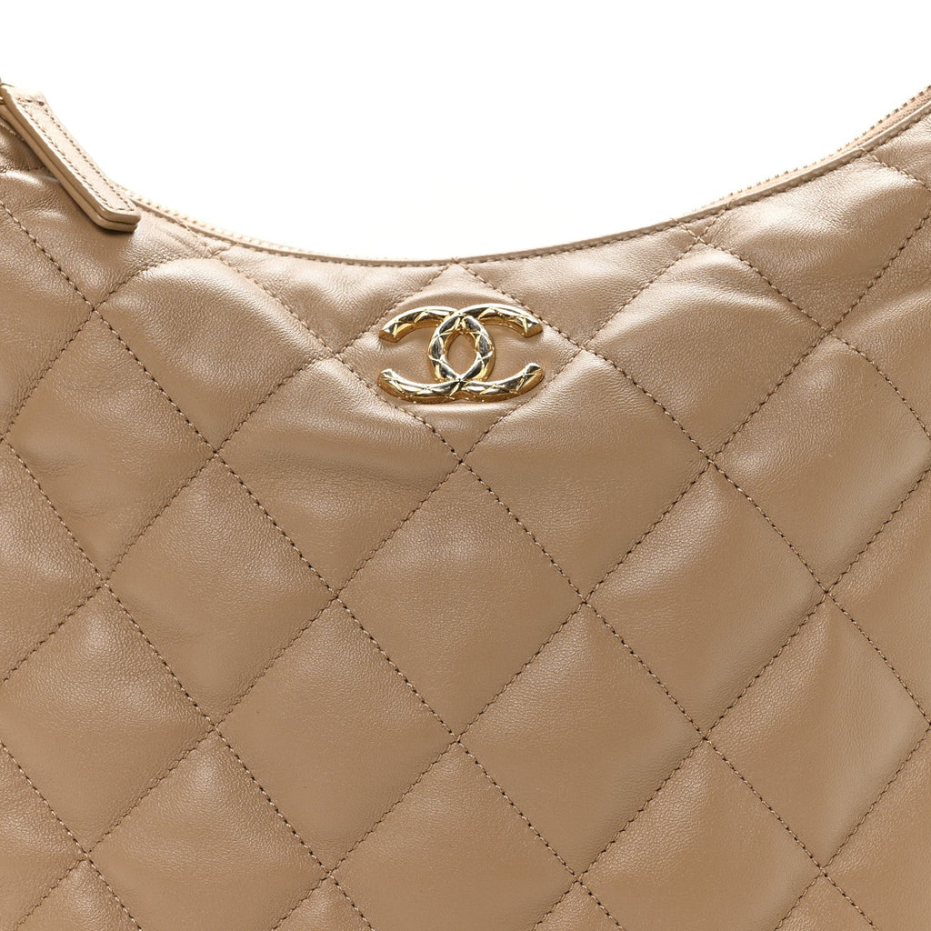Chanel Lambskin Quilted Hobo Beige