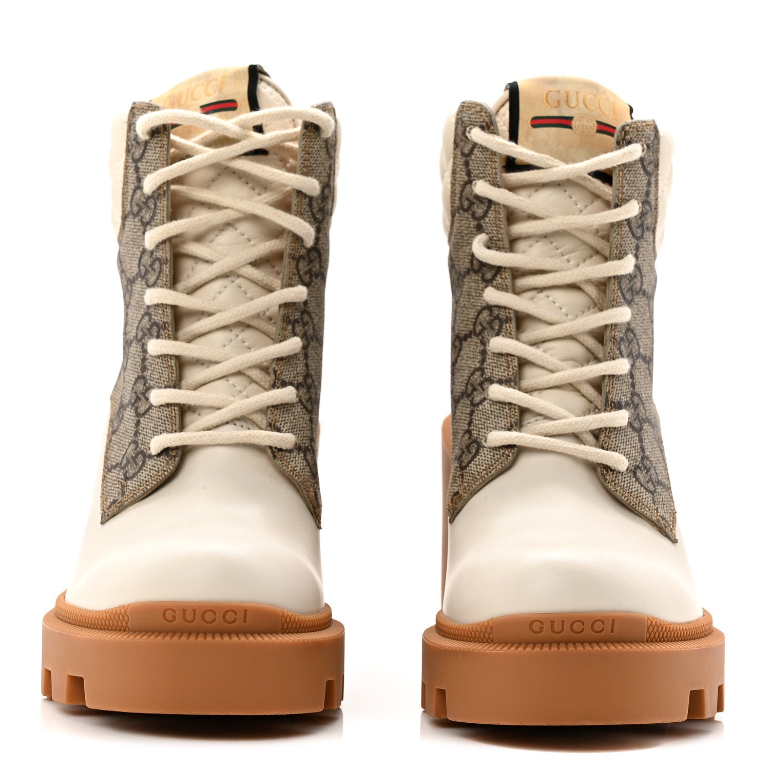 Gucci Calfskin GG Supreme Monogram Nappa Quilted Lace Up Ankle Boots 35 Mystic White Beige