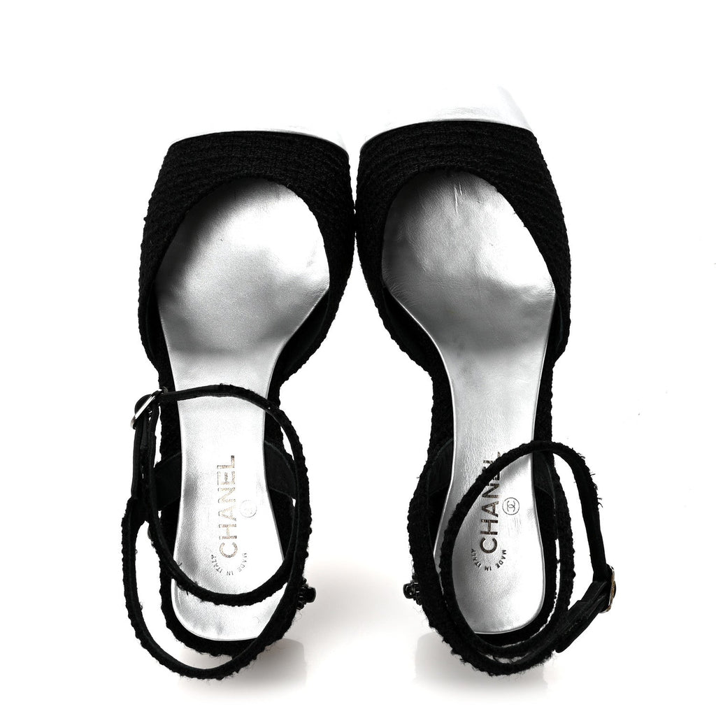 Chanel Tweed Iridescent Calfskin Cap Toe CC Slingback Pumps 37 Black Silver