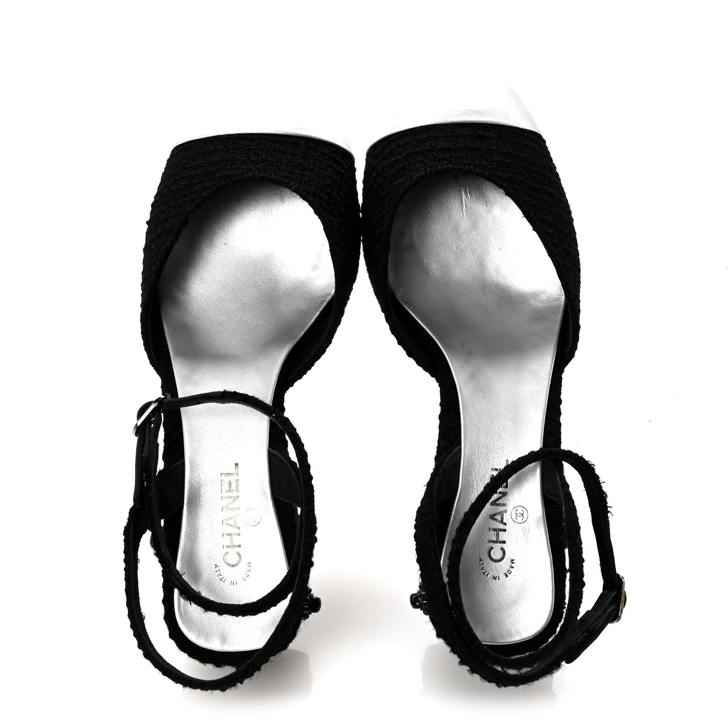 Chanel Tweed Iridescent Calfskin Cap Toe CC Slingback Pumps 37 Black Silver