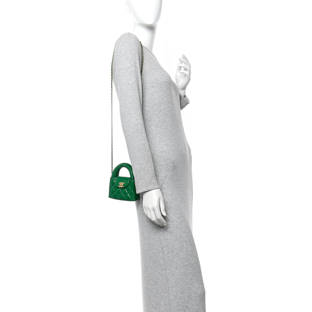 Chanel Shiny Aged Calfskin Quilted Mini Nano Kelly Shopper Green