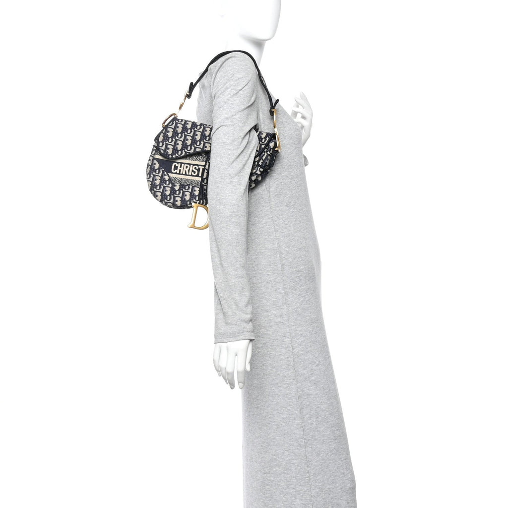 Christian Dior Oblique Embroidered Saddle Bag Blue