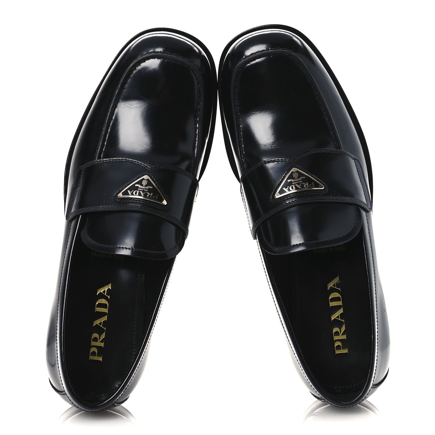 Prada Spazzolato Fume Metal Triangle Logo Mens Loafers 8.5 Black