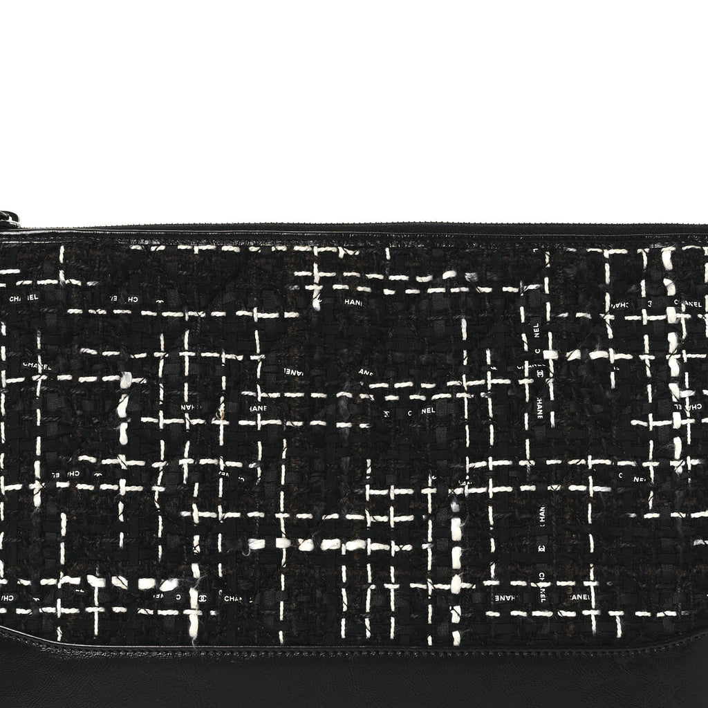 Chanel Tweed Calfskin Quilted Medium Cosmetic Pouch Black White
