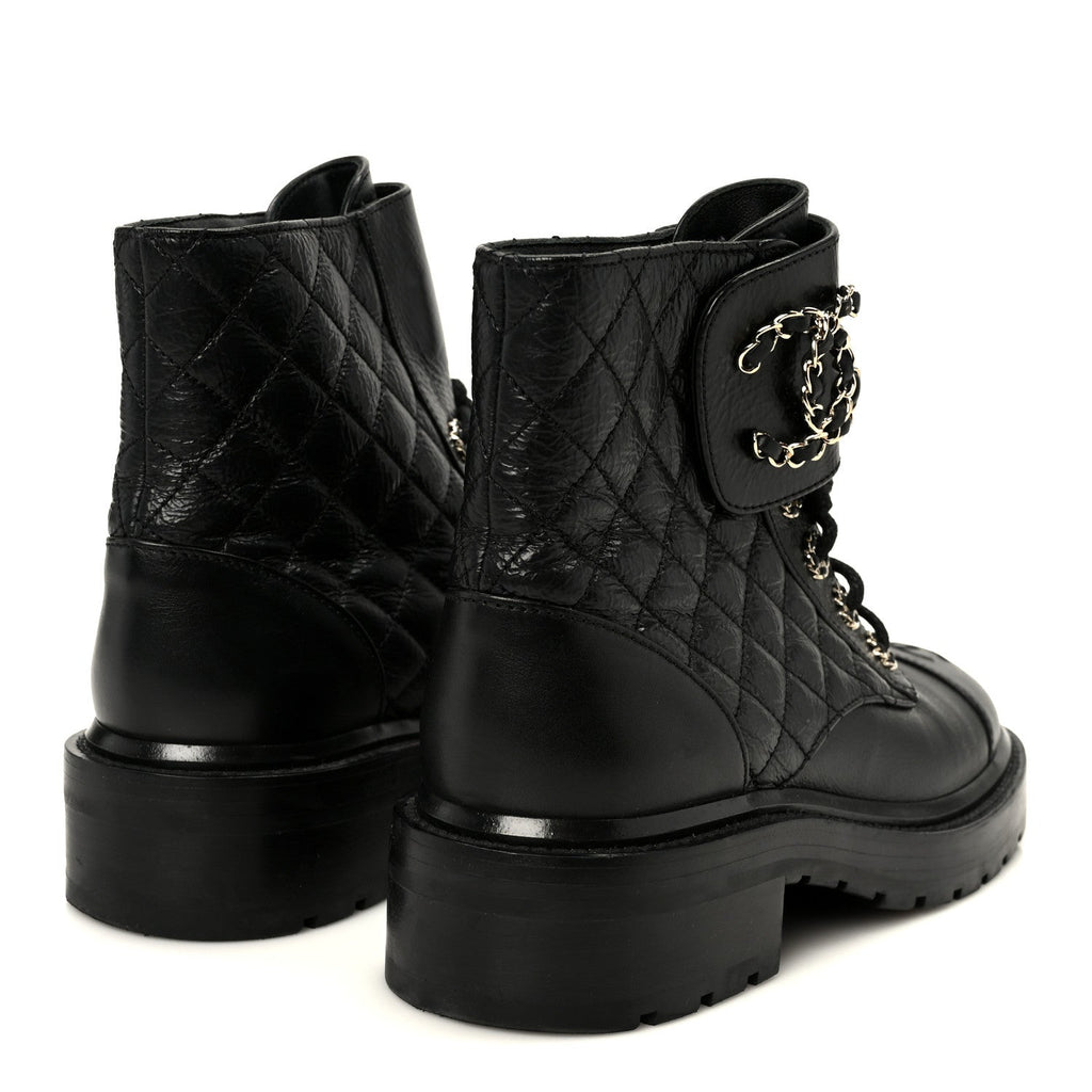 Chanel Shiny Goatskin Calfskin Quilted Lace Up Combat Boots 37.5 Black