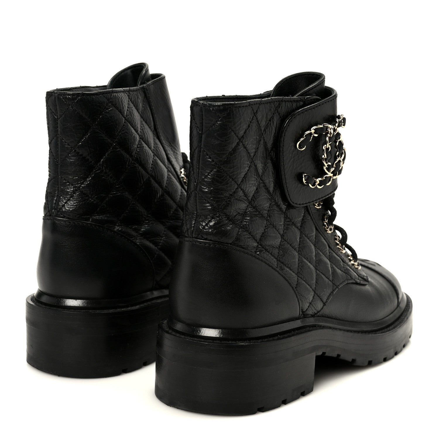 Chanel Shiny Goatskin Calfskin Quilted Lace Up Combat Boots 37.5 Black